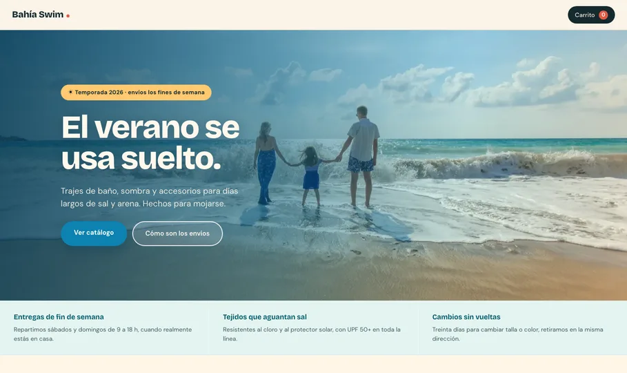 Portada de la tienda online Bahía Swim, con trajes de baño y botón para ver el catálogo