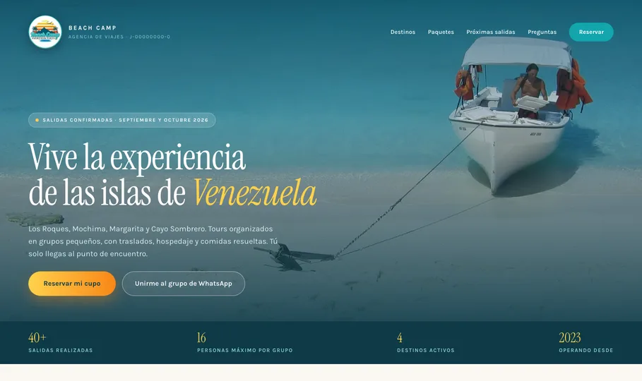 Web de Beach Camp con destinos y paquetes de viaje
