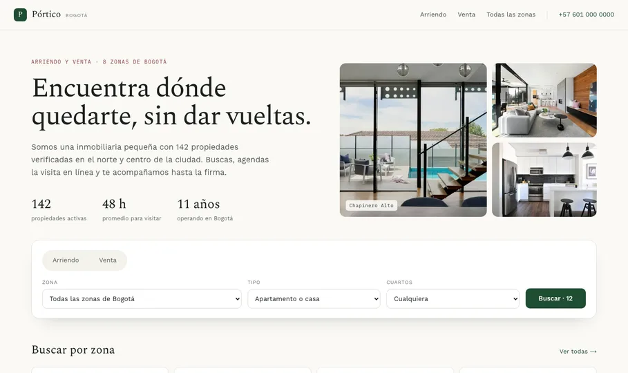 Portada de la inmobiliaria Pórtico, con fotos de propiedades en arriendo y venta